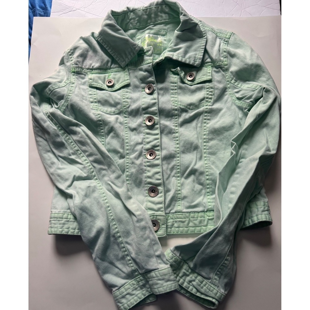 Justice Girls Mint Green Denim Jacket Size 16 Pastel Trucker Coat Button Up
